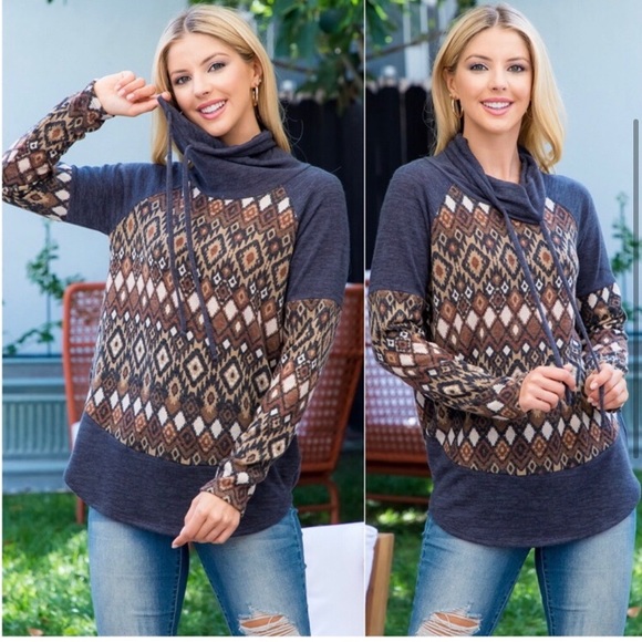Women’s fall comfy turtleneck cute trendy long sleeve Aztec pullover top - Picture 2 of 3